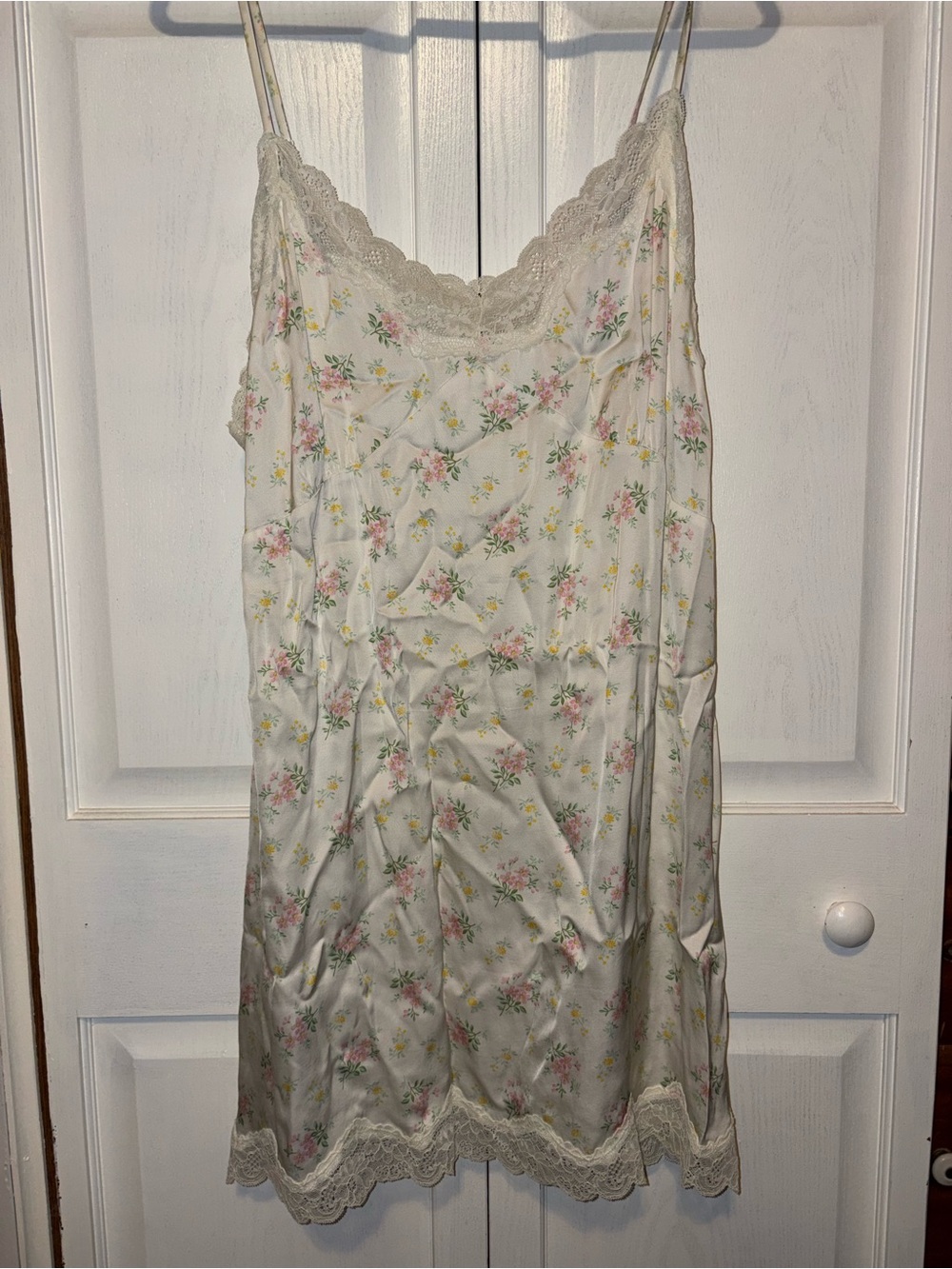 aerie Cream Satin Floral Lace-Trim Slip